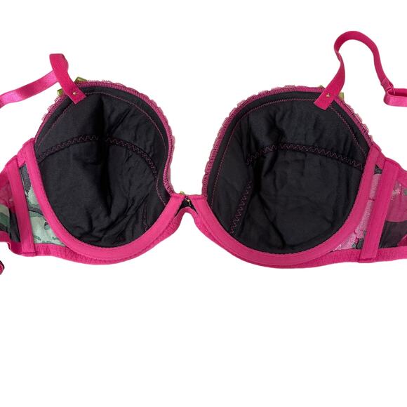 Victoria Secret Bra 34D Pink Cherry Print Black Underwire Vintage 2003 Y2K Tags - Picture 4 of 12